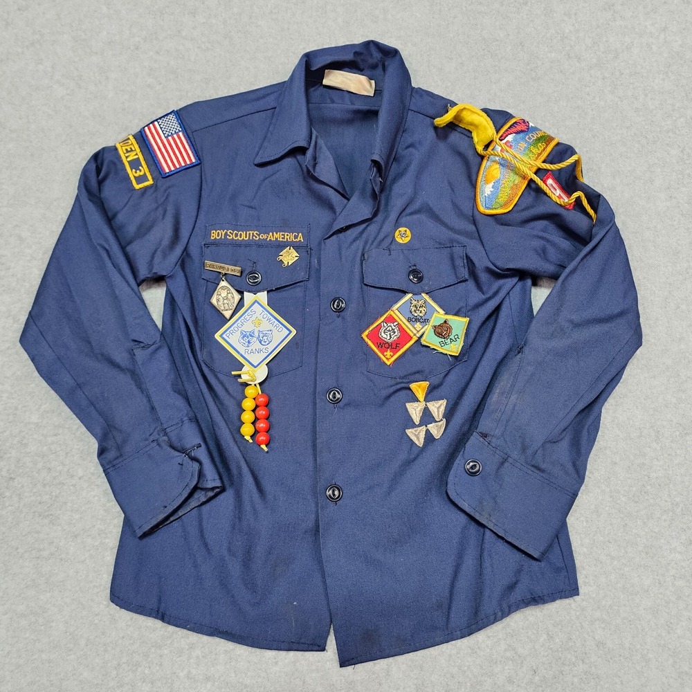 Cub Scout Boy Scouts BSA Uniform Long Sleeve Shirt Youth Size 10 With Patches